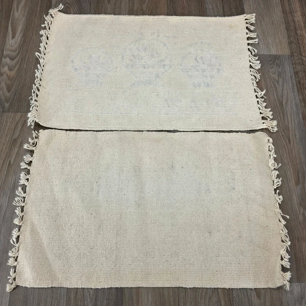 Vintage Country Folk Art Woven Placemats‎ Set 4 Saltbox House Heart Sampler Blue